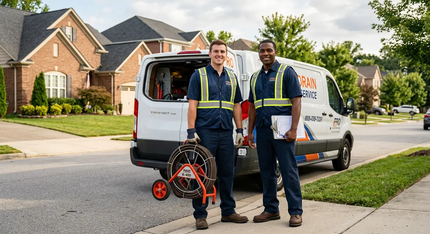 Sewer and drain service team with equipment ready for work in North Hanover