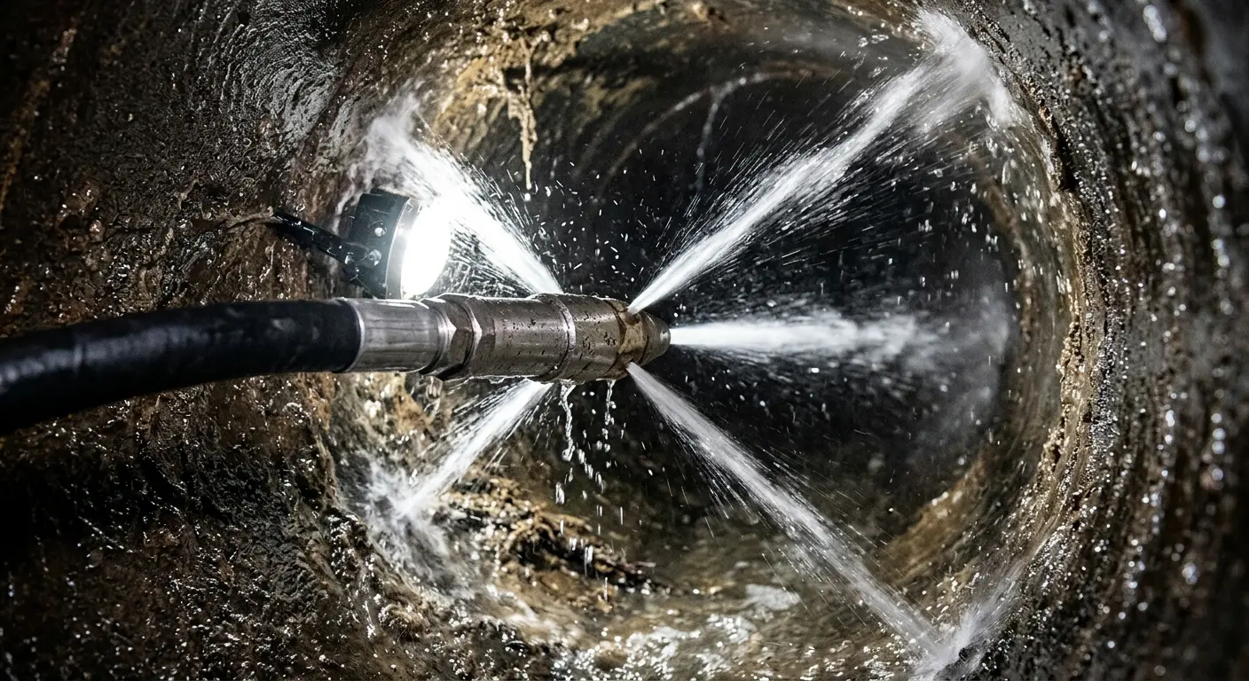 High-pressure hydro jetting nozzle cleaning sewer pipe for Emergency Drain Service in North Hanover
