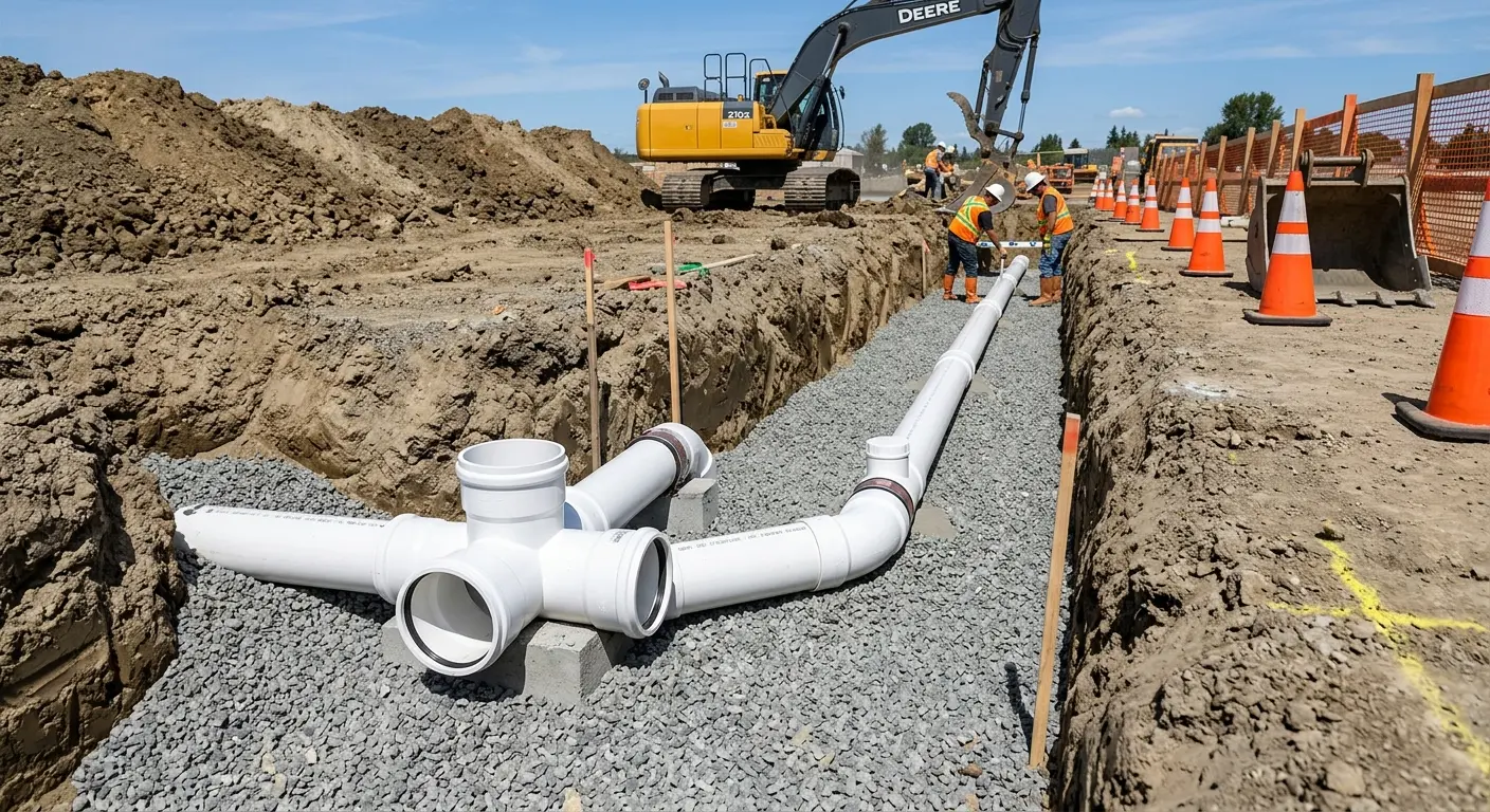 New PVC sewer pipe installation in open trench for Sewer Backup in North Hanover
