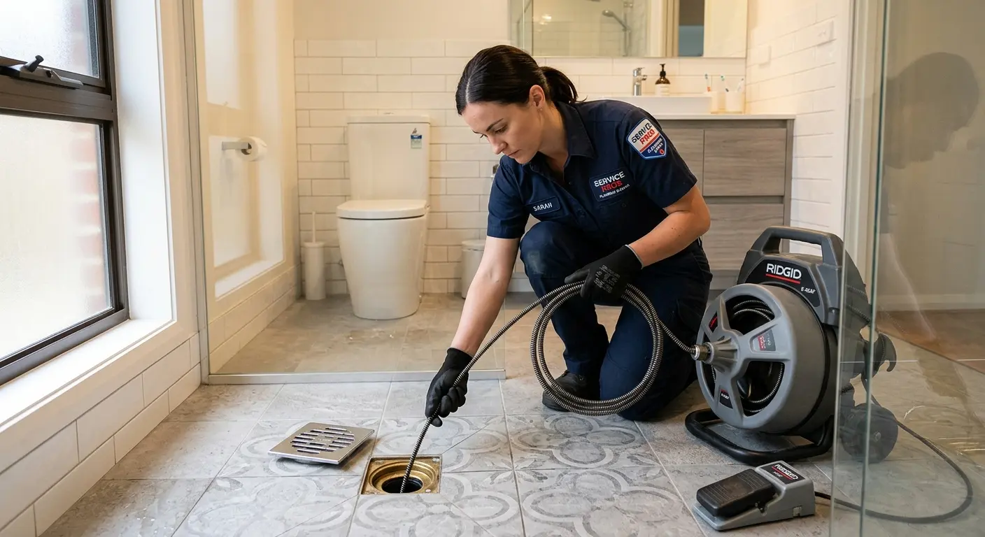 Technician clearing a bathroom floor drain for Drain Cleaning in North Hanover